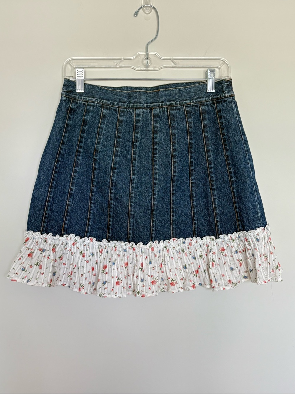 Gordon James Denim Skirt Floral Ruffle Hem Pleated Mini Skirt Cottagecore M